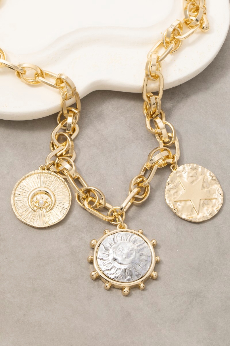 Mixed Coin Charms Oval Chain Necklace