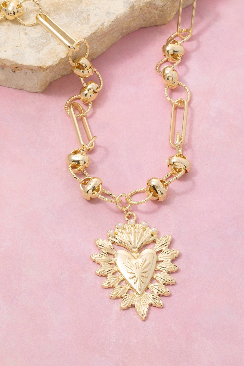 Intricate Chain Flower Heart Pendant Necklace