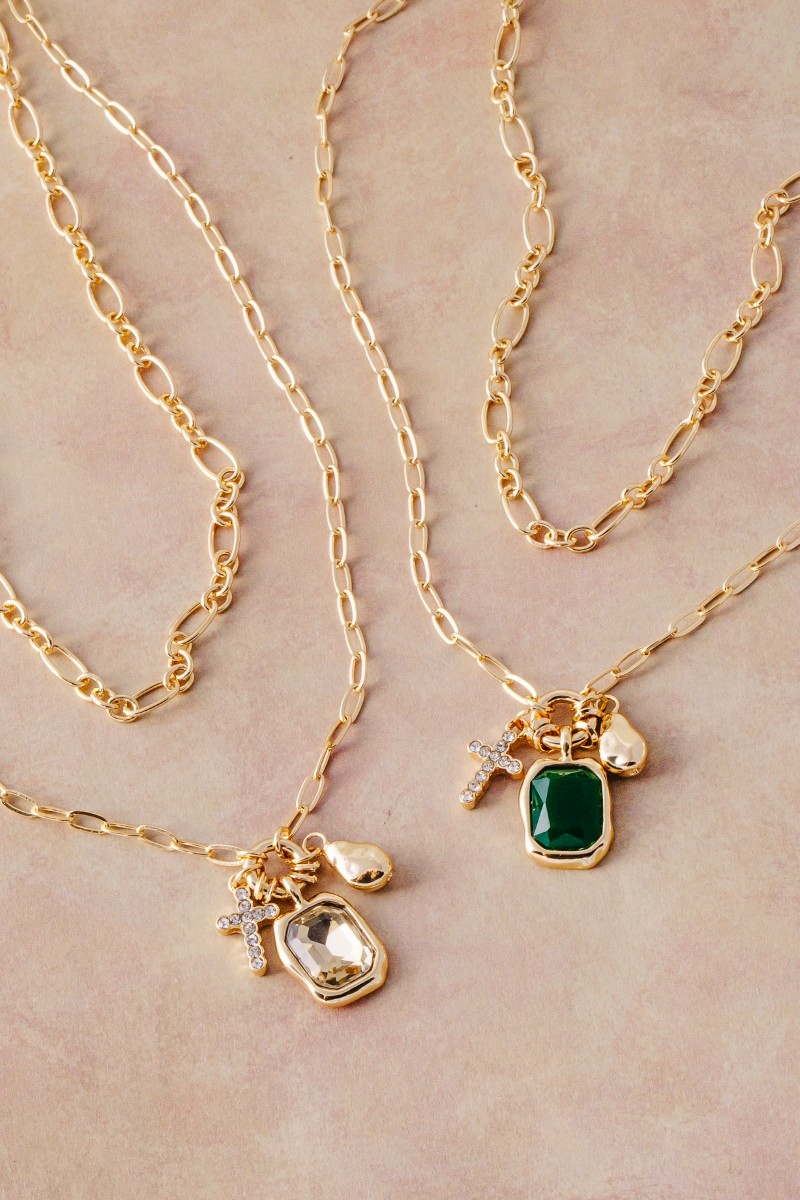 Crystal & Cross Charm Double Layer Link Chain Necklace