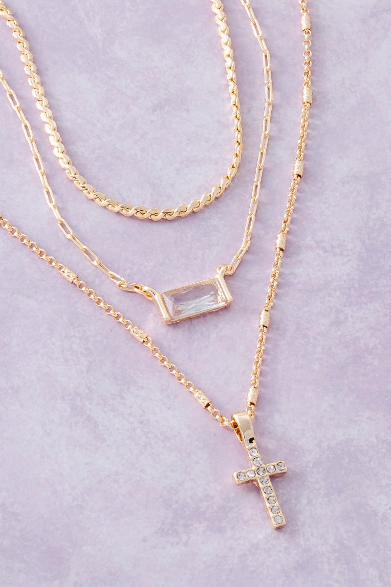 Triple Layered Chain Pave Cross Pendant Necklace