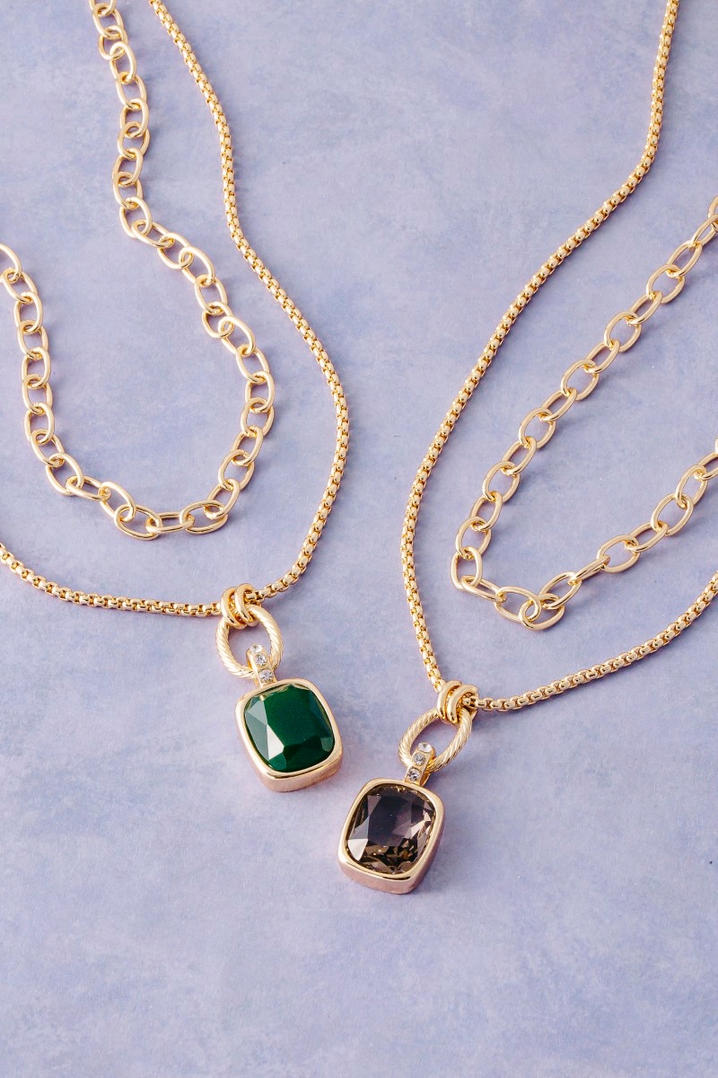 Double Layered Chain Crystal Square Pendant Necklace