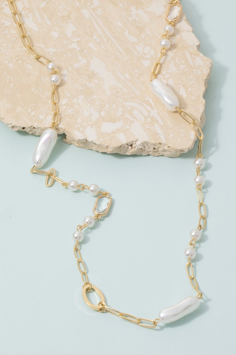 Pearl Station Long Paperclip Necklace