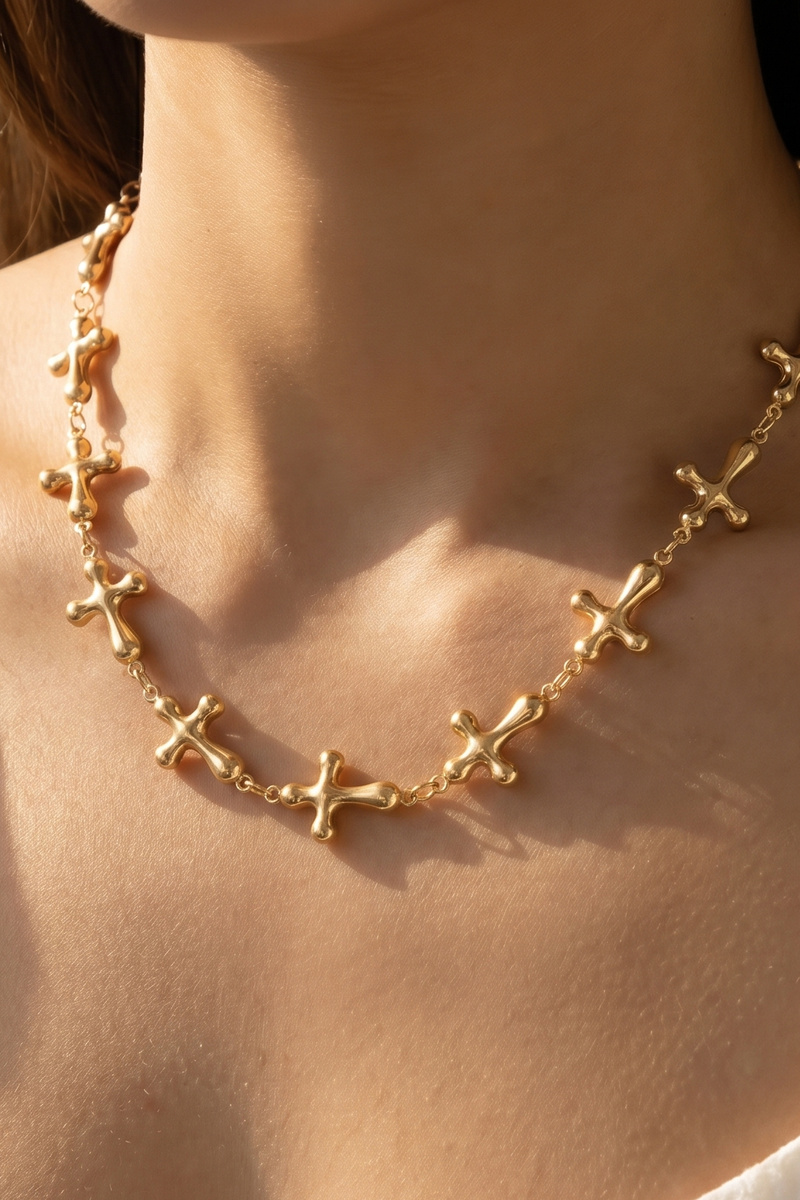 Puffy Molten Cross Link Chain Statement Necklace