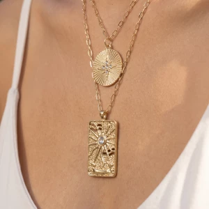 Triple Layer Necklace With Sunburst And Tag Pendants
