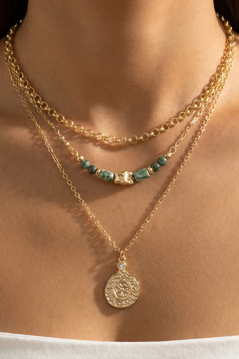 Layered Semi Precious Stone Coin Pendant Necklace