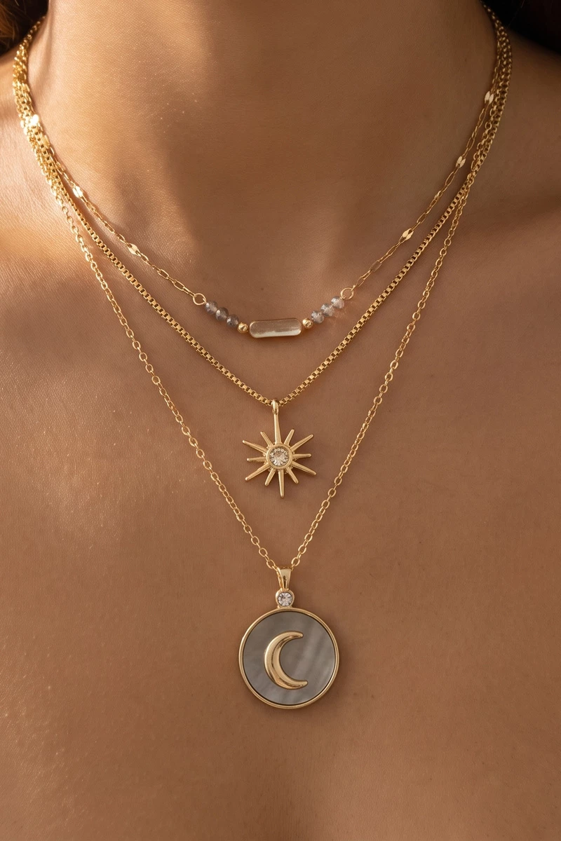 Layered Celestial Mop Moon And Star Necklace