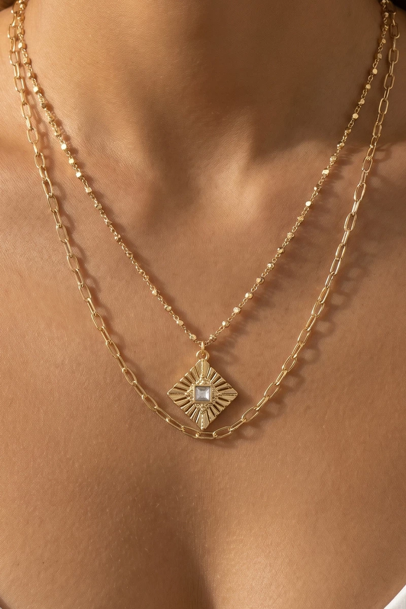 Crystal Sunburst Medallion Layered Necklace
