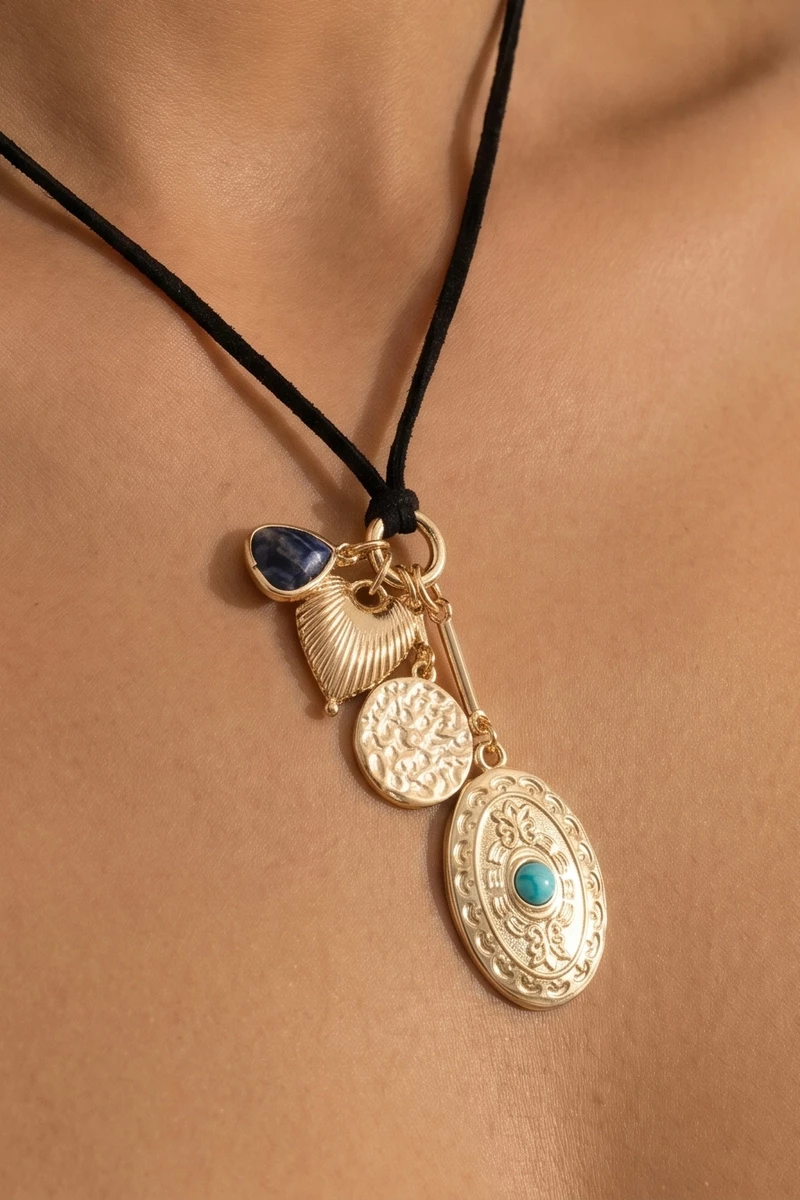 Suede Cord Turquoise Medallion Pendant Necklace