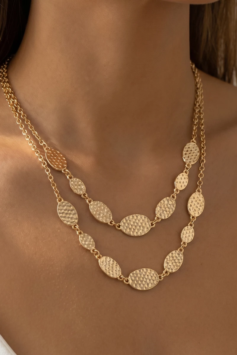 Layered Hammered Oval Station Necklace
