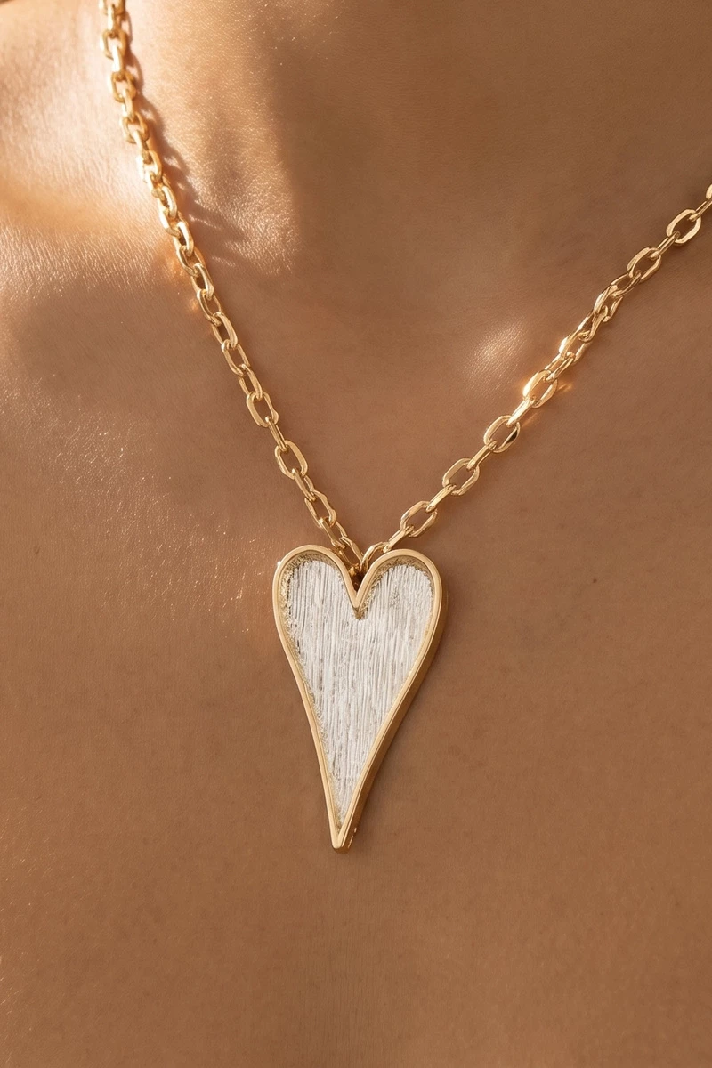 Brushed Two Tone Heart Pendant Necklace