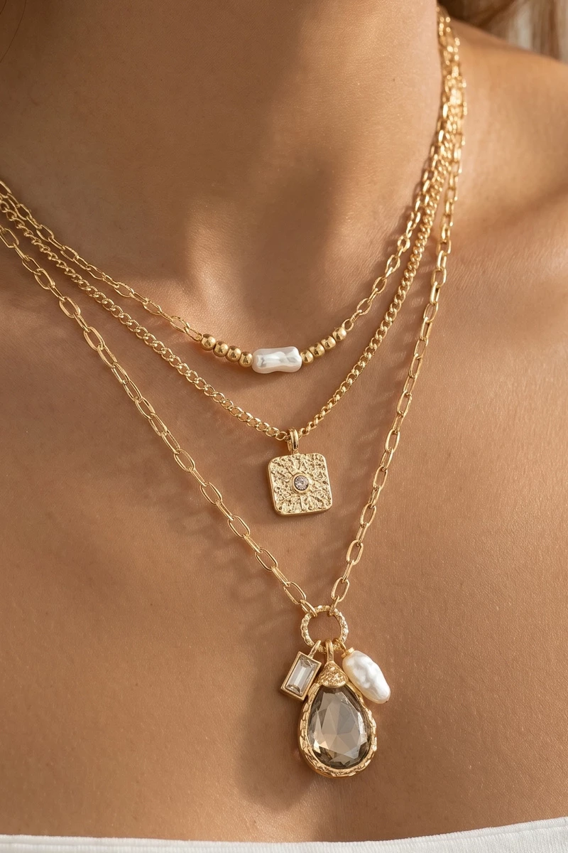 Layered Pearl Cz Teardrop Crystal Pendant Necklace