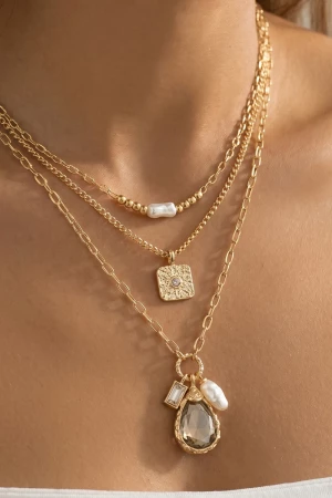 Layered Pearl Cz Teardrop Crystal Pendant Necklace