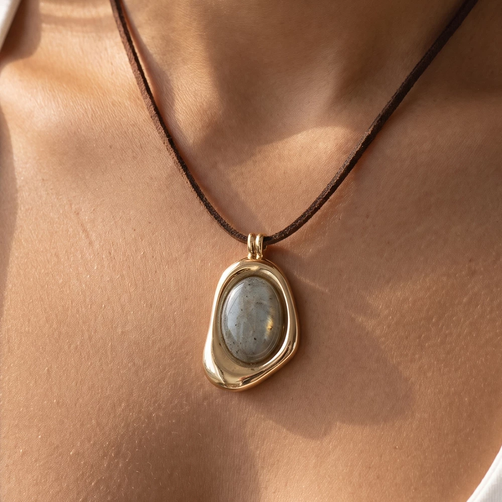 Organic Oval Stone Pendant Suede Cord Necklace
