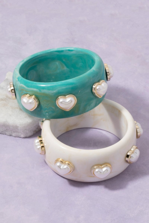 Wide Marble Resin Heart Pearl Studded Bangle Bracelet