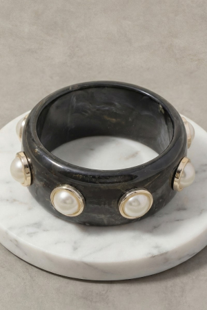 Black Marble Resin Pearl Dome Studded Bangle Bracelet