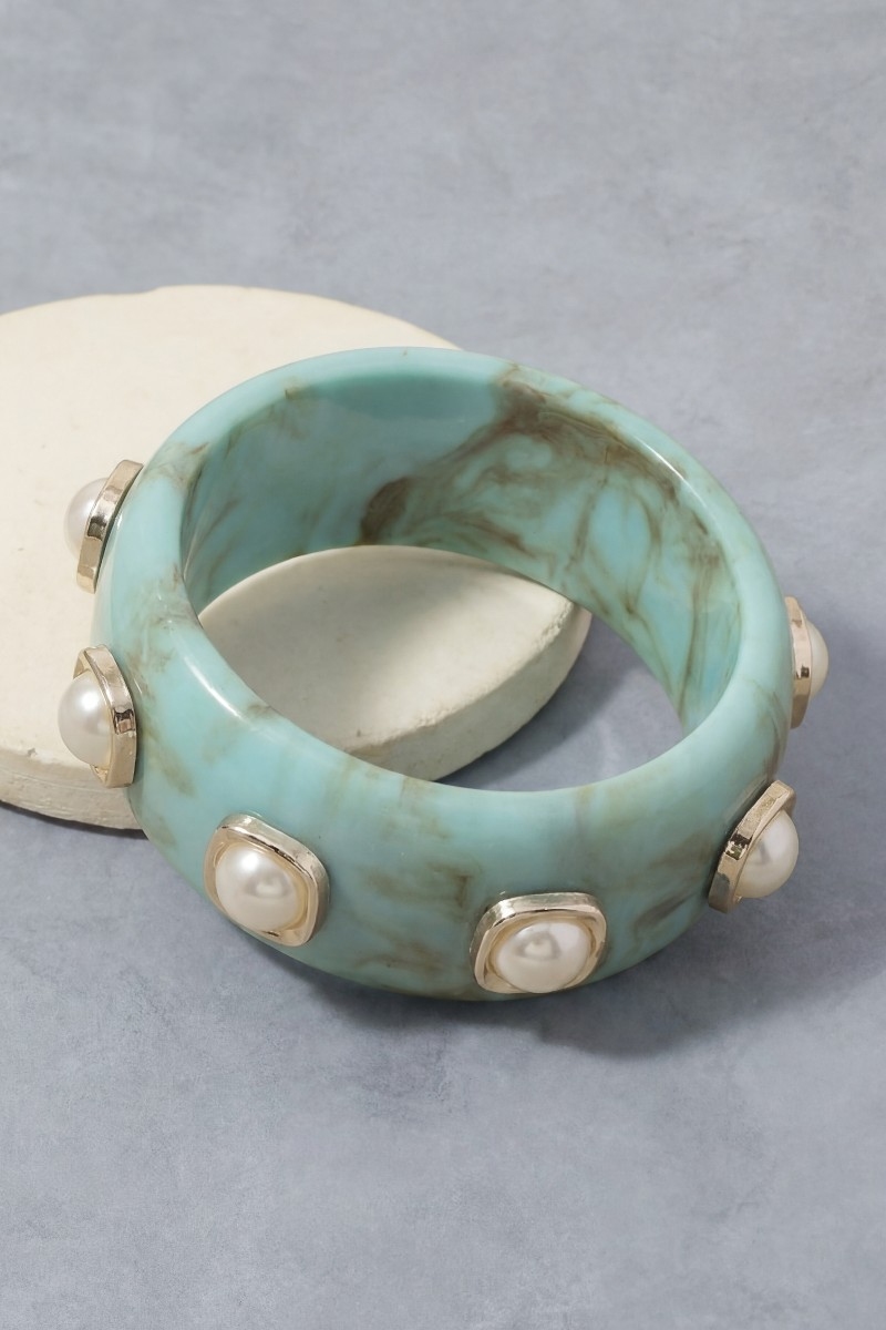 Turquoise Marble Resin Pearl Dome Studded Bangle Bracelet