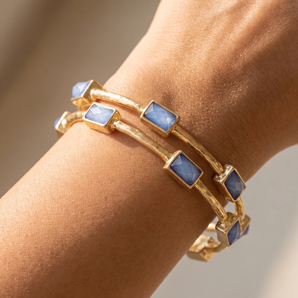 Set Of Two Hammered Bezel Stone Bangle Bracelets