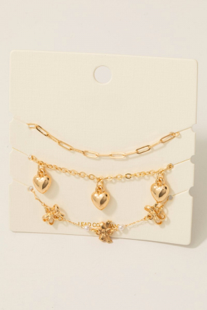 Heart And Ribbon Charms Layered Chain Bracelet Set