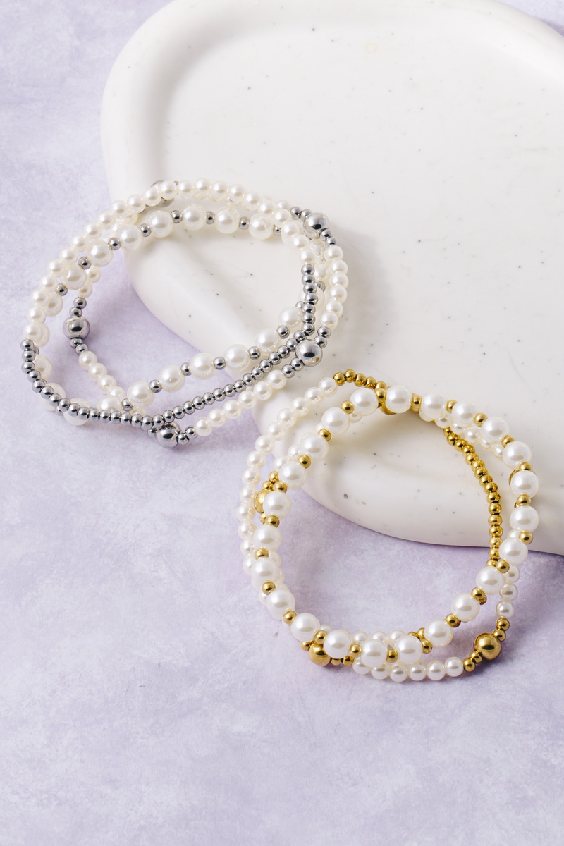 Pearl And Bead 3 Strand Stretch Bracelet Set