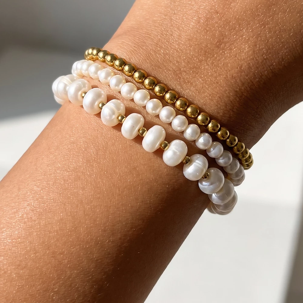 Pearl And Ball Bead Three Piece Stretch Bracelet Set