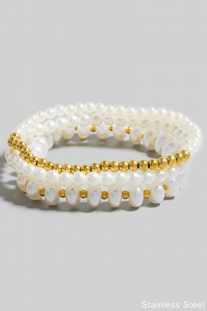 Stainless Steel And Pearl Beaded Bracelet Set