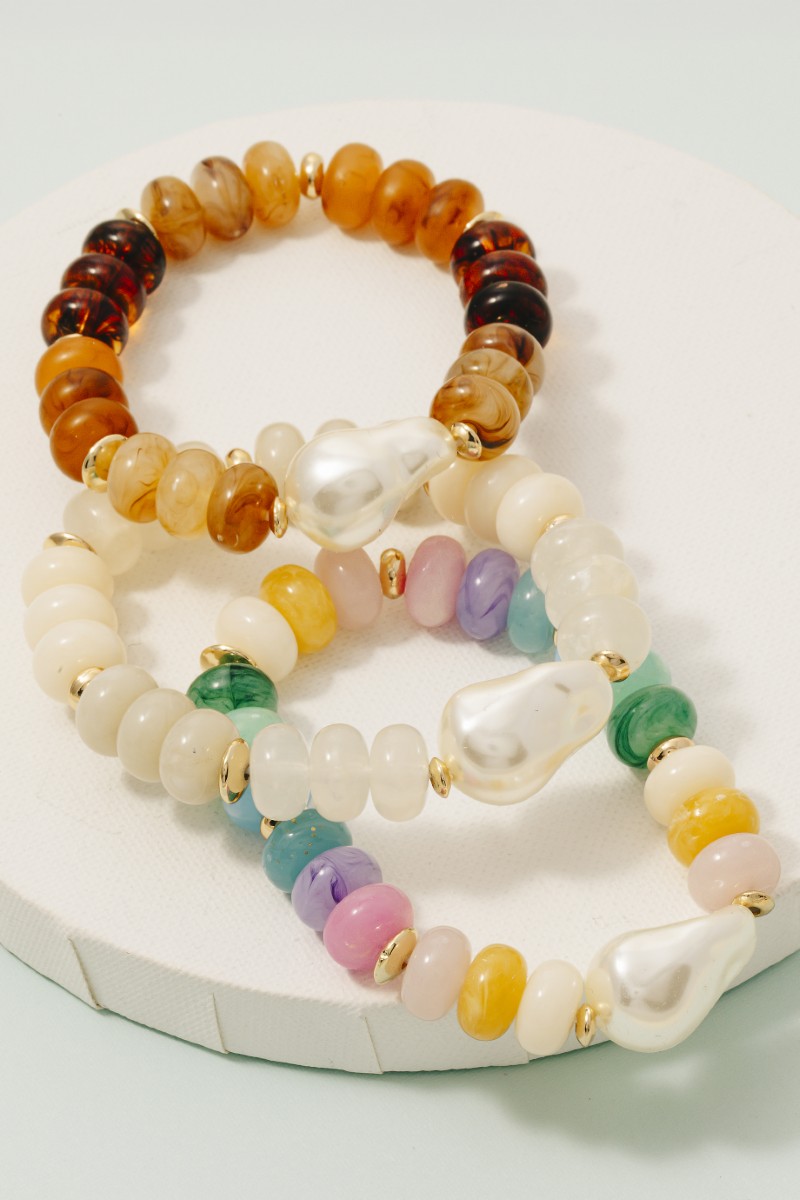 Wide Marble Resin And Disc Beaded Bracelet
