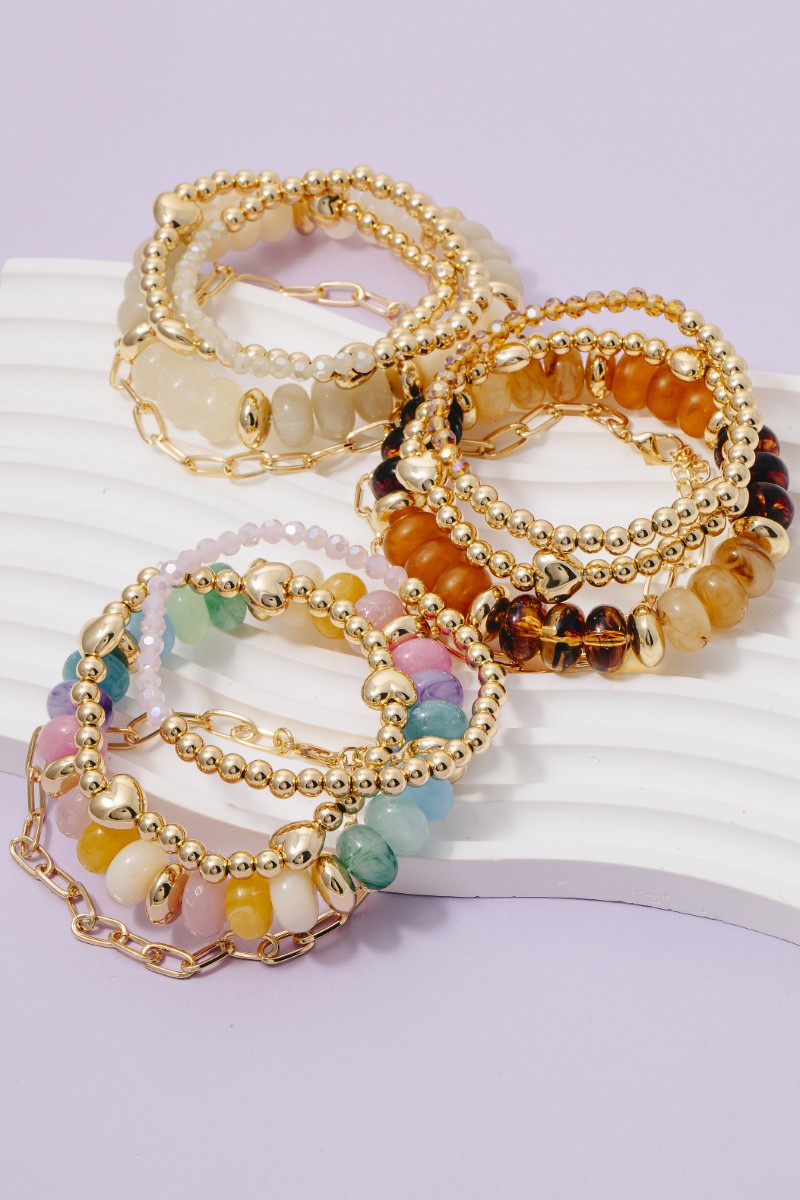 Marble Resin And Metallic Hearts Beads Chains Layered Bracelet Set