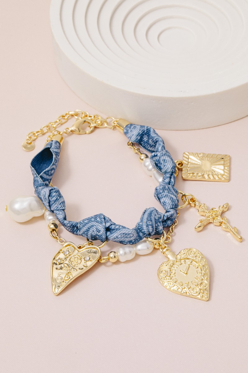 Cross Floral Hearts And Pearl Charms Denim Knotted Bracelet