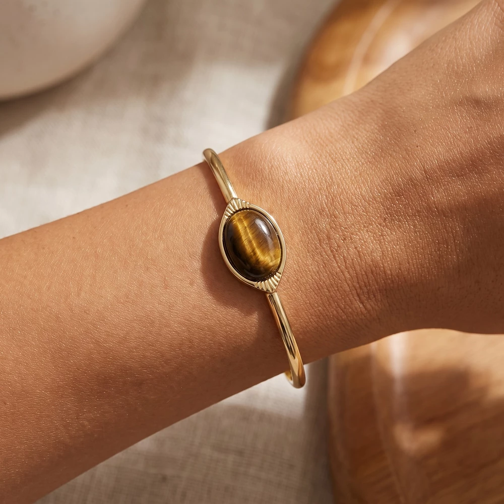 Oval Tiger Eye Cabochon Open Cuff Bracelet