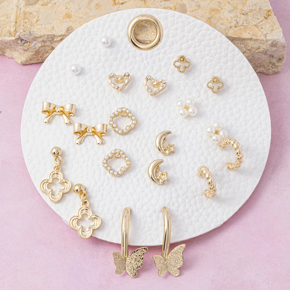 Ten Pair Clover Bow And Pearl Earring Set