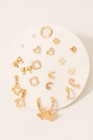 Assorted Mini Bow Clover And Pearl Stud Earrings Set