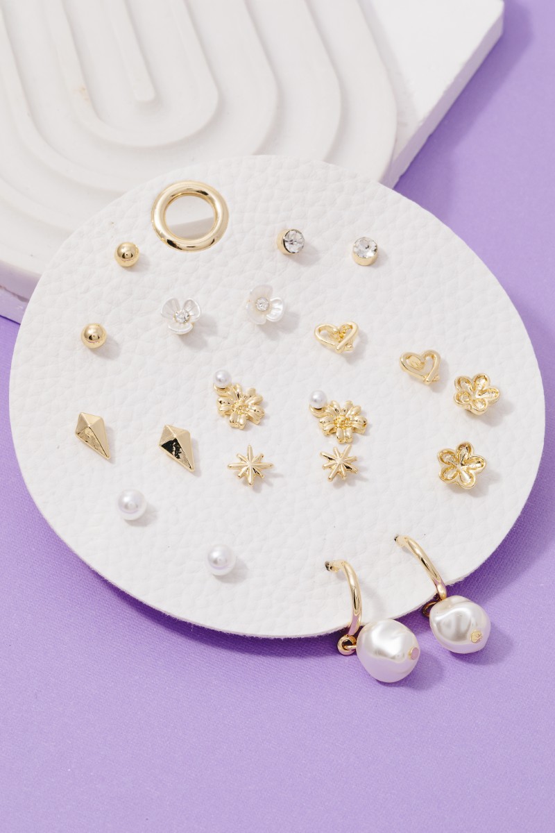 Pearl Hearts And Stars Floral 10 Pair Stud Earrings Set