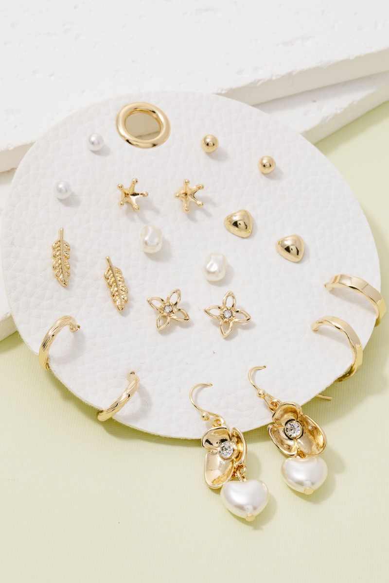 Heart Floral And Pearl 10 Pair Stud Earrings Set