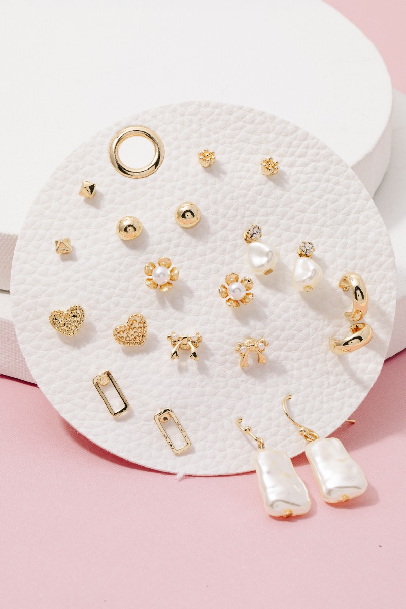 Mixed Pearl And Hearts 10 Pair Stud Earrings Set