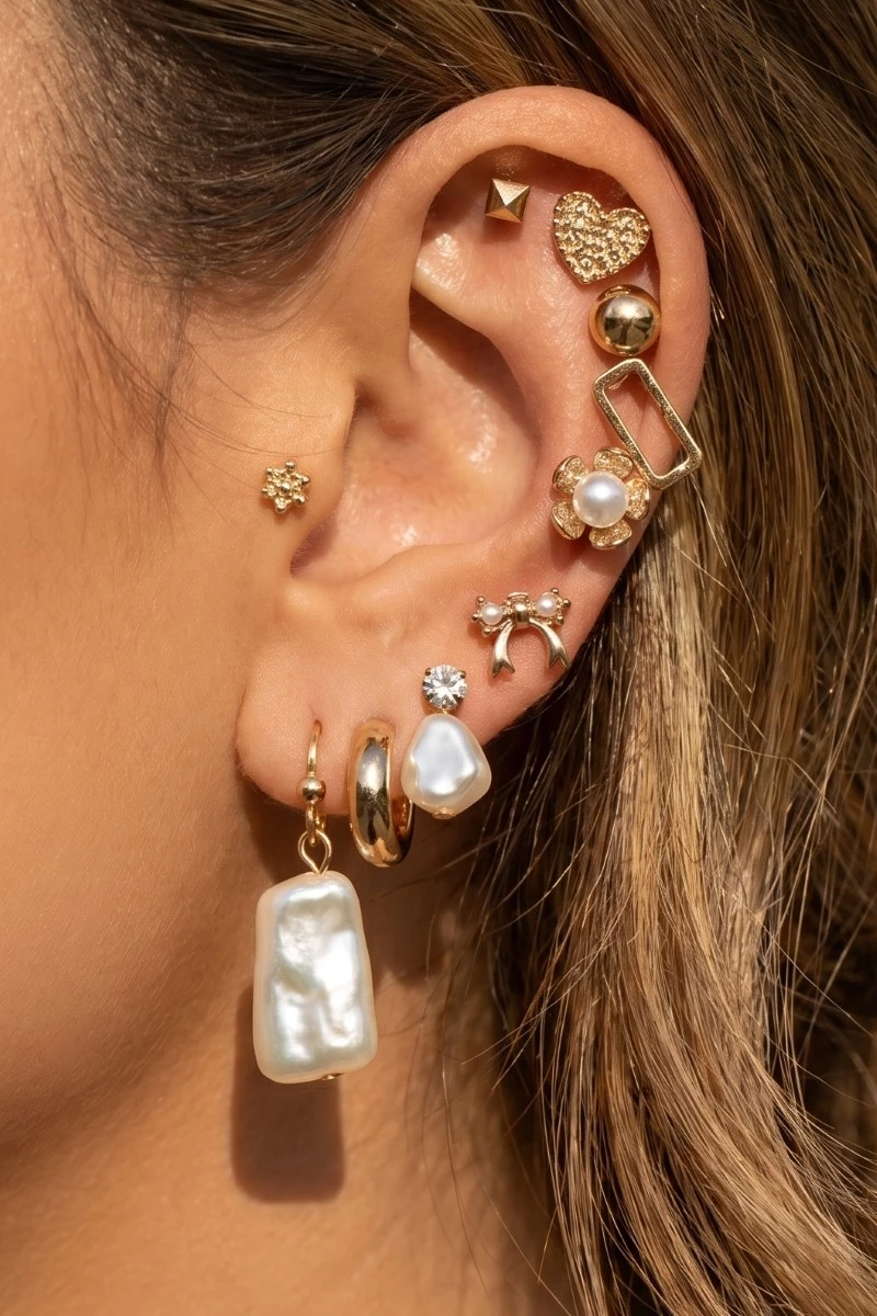 Mixed Pearl And Hearts 10 Pair Stud Earrings Set
