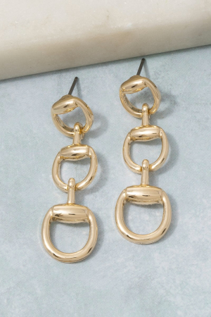 Gold Triple Horsebit Drop Earrings