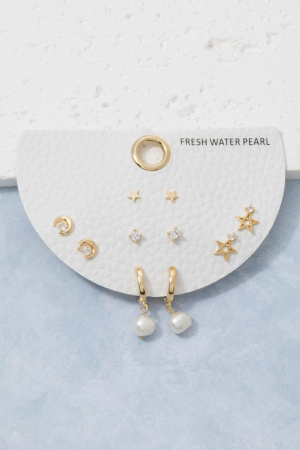 Moon Star Pearl Hoop Earring Set
