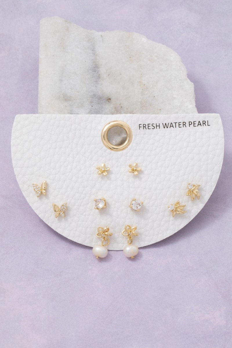 Butterflies And Pearls Mixed Earrings Set