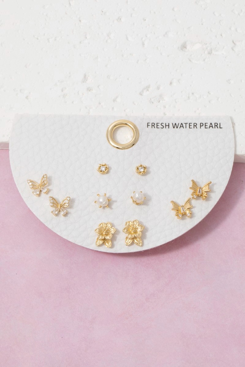Butterfly Flower Pearl Earring Set