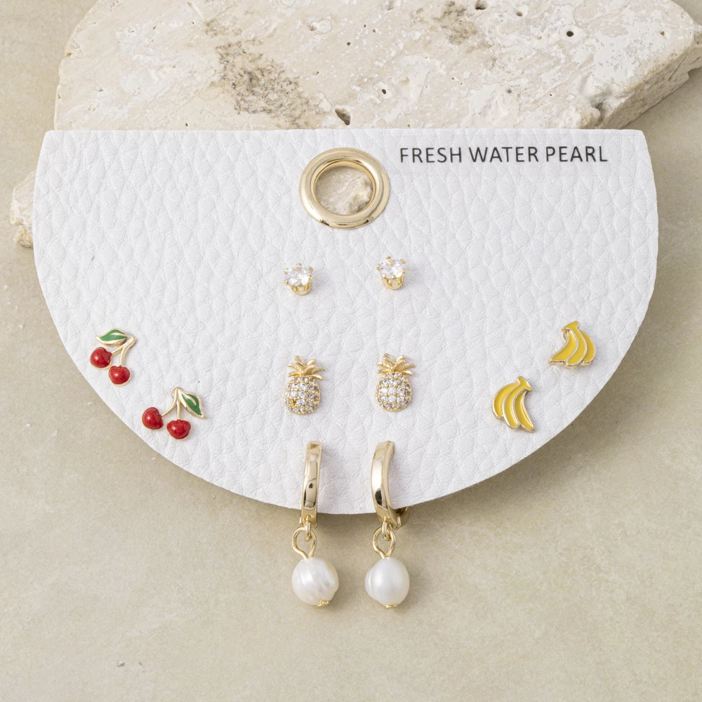 Freshwater Pearl And Enamel Fruit Earring Set