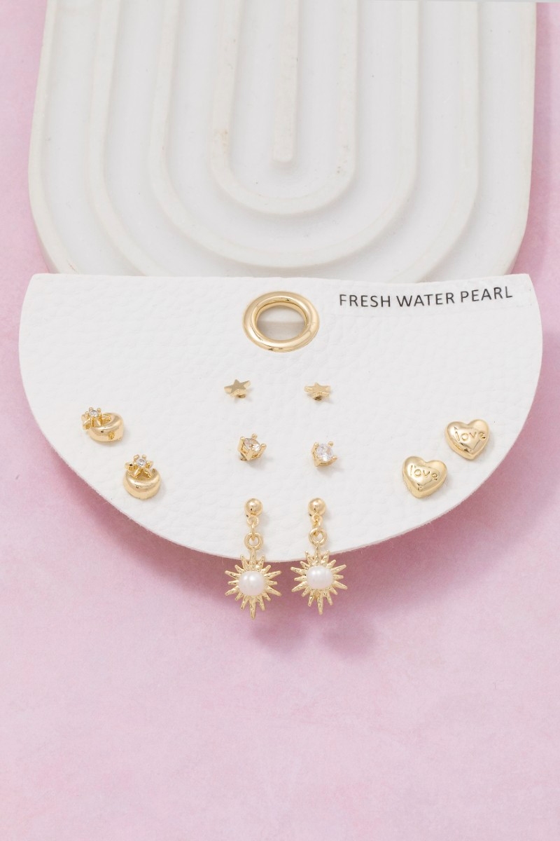 Heart And Moon Mixed Stud Earrings Set