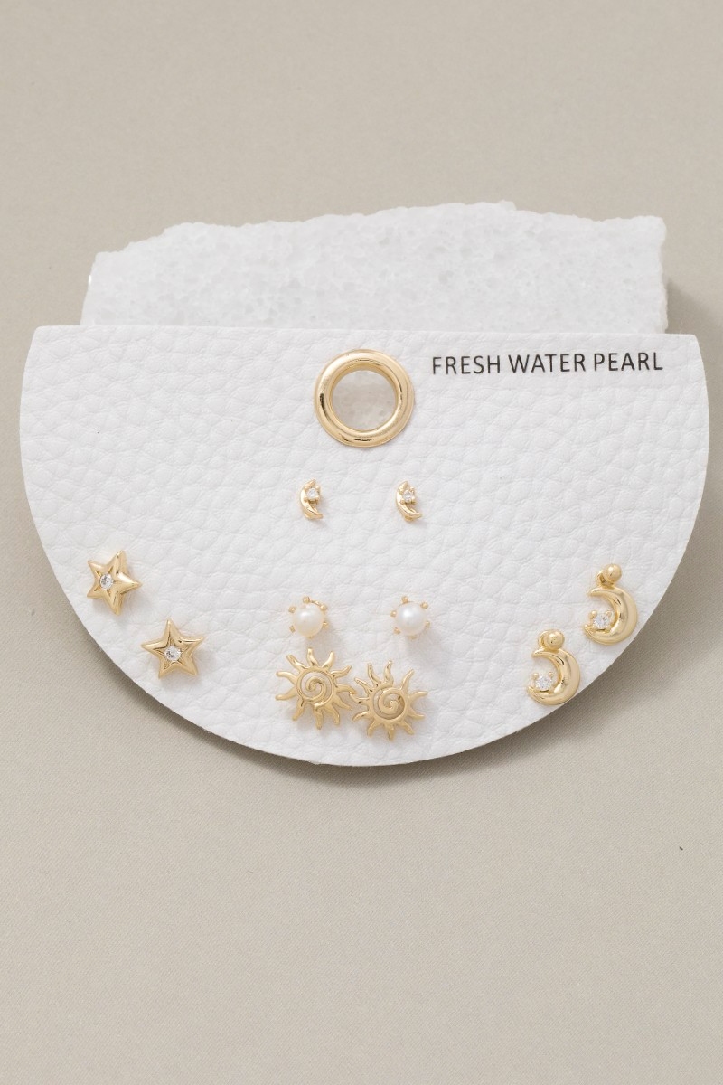 Stars Moon Sun 5 Pair Stud Earrings Set