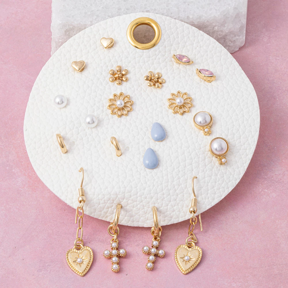 Pearl Cross Flower Heart Ten Pair Earring Set