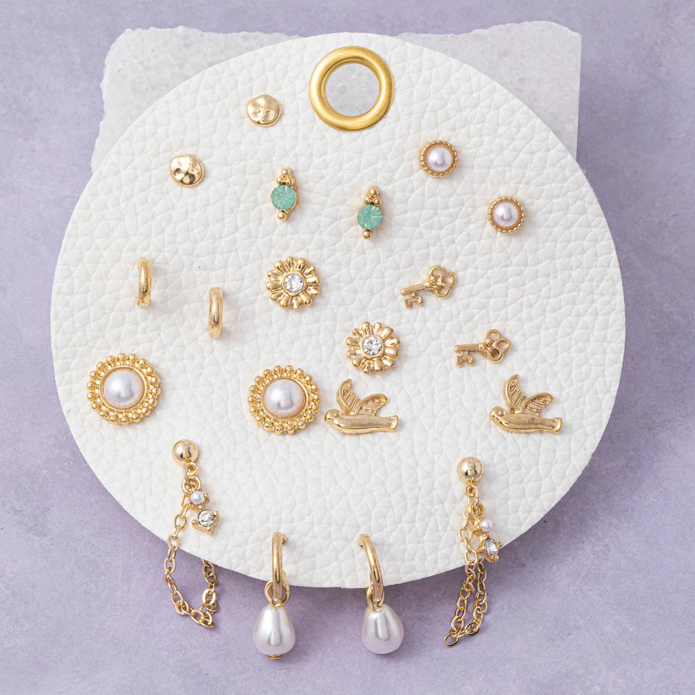 Pearl Dove Key Charm Ten Pair Earring Set