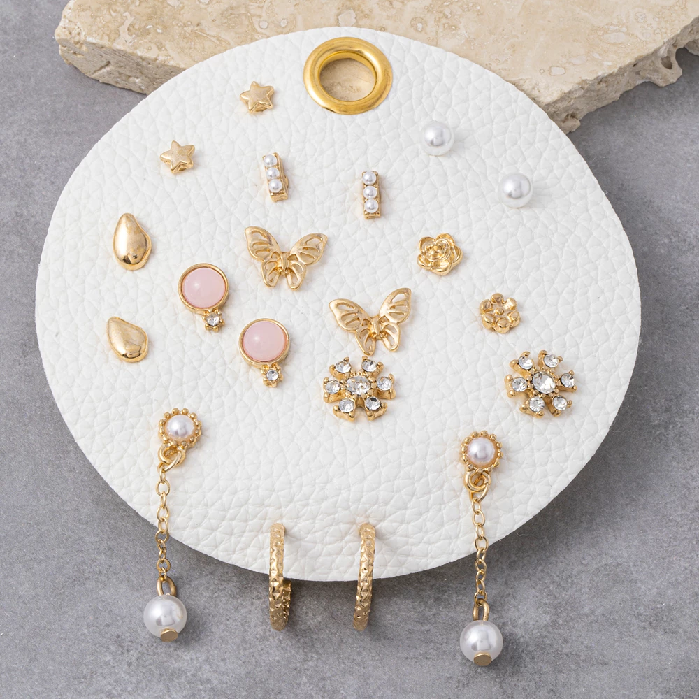 Butterfly Flower Pearl Drop Ten Pair Earring Set