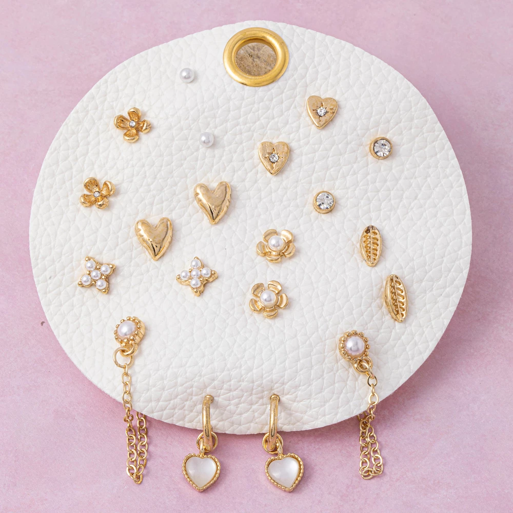 Pearl Flower Leaf Heart Ten Pair Earring Set
