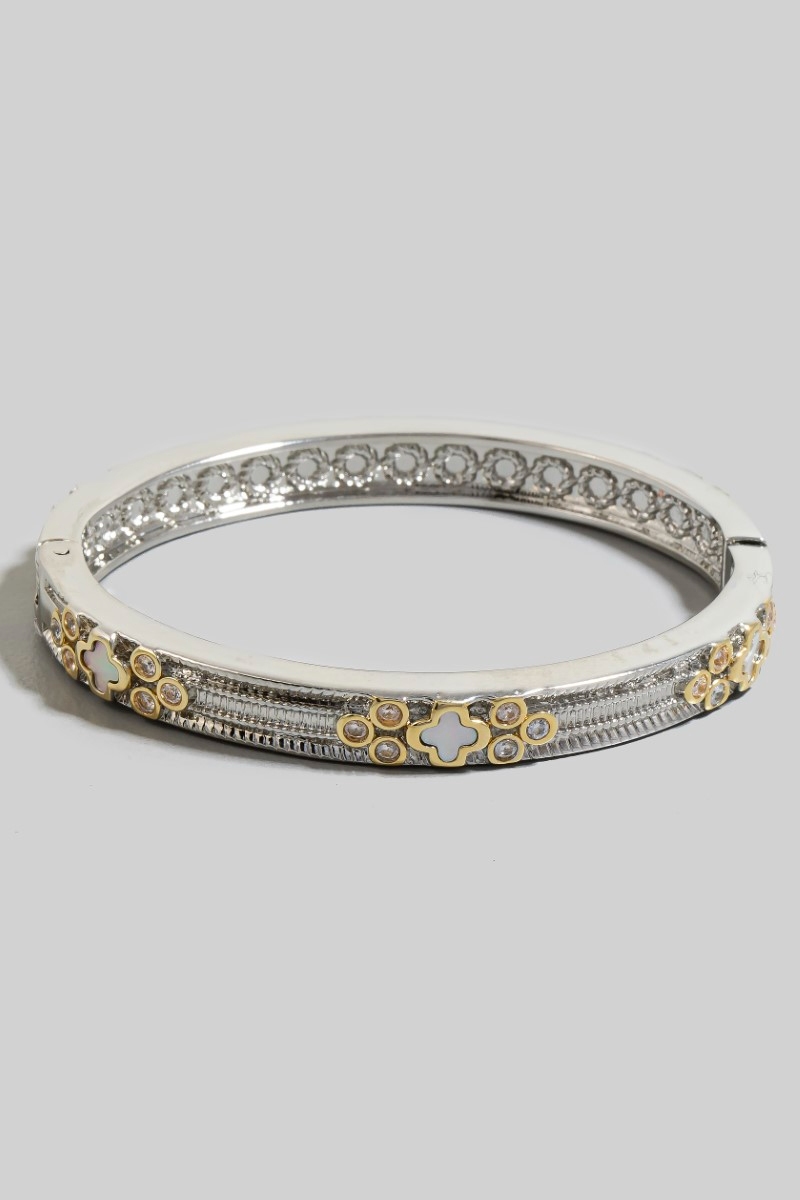 Gold Plated 2 Tone Intricate Hinge Bangle Bracelet