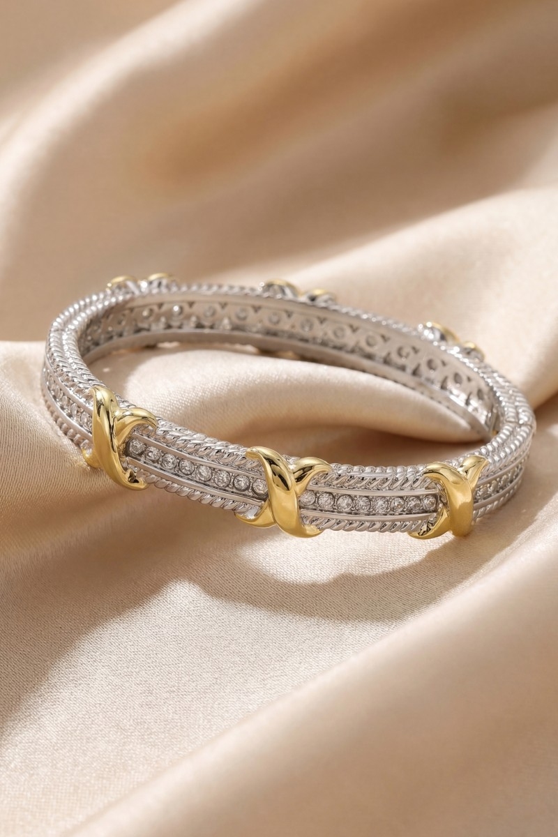Gold Dipped Two Tone Cz Hinge Bangle Bracelet