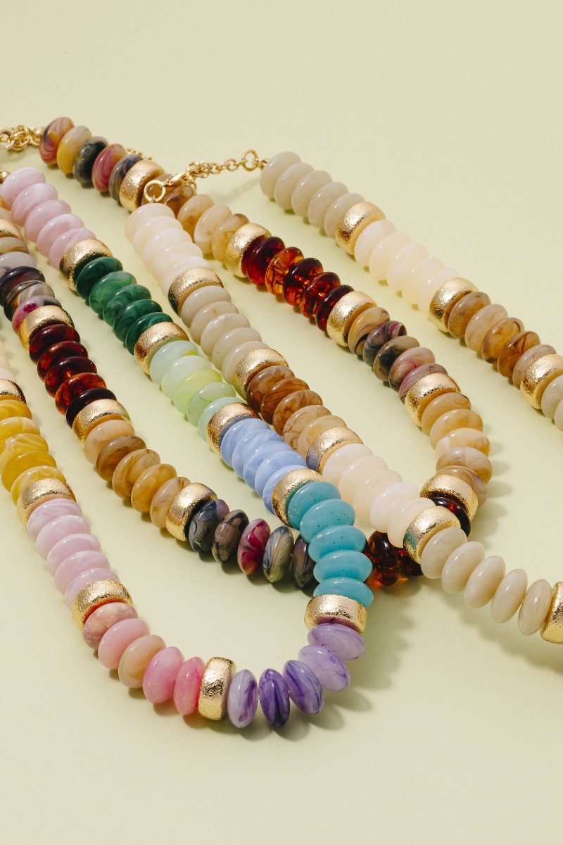 Wide Marble Resin And Metallic Disc Beaded Necklace