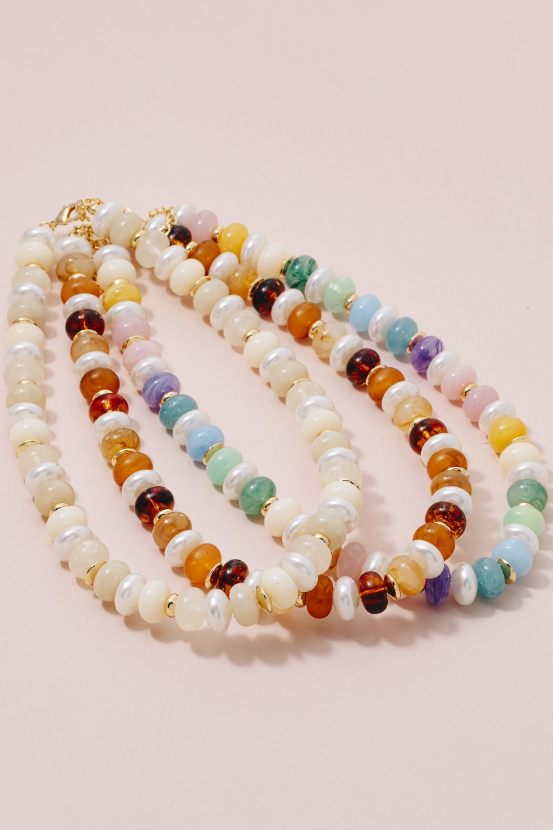 Mixed Pearl And Marble Resin Disc Beaded Necklace
